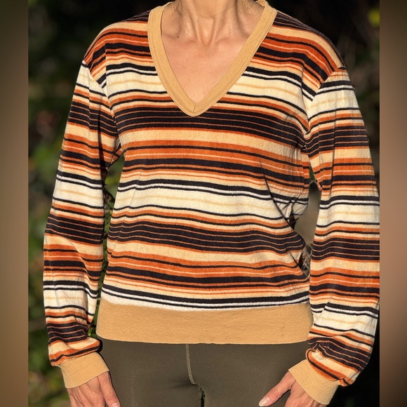 VTG Striped V-Neck Sweater - Orange, Brown, Cream Velour Feel Size Small - Picture 1 of 4